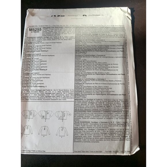 McCall's Misses Appliques for Cardigan & T Shirt Sewing Pattern M5255 Sz OSM - Picture 5 of 8